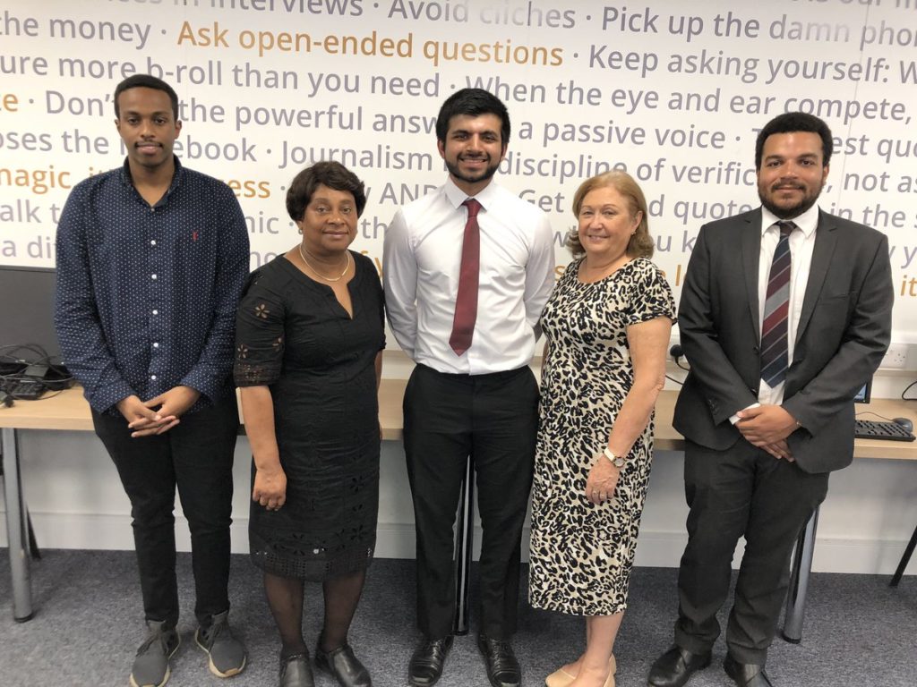 Kamal Sultan, recipient of the Daily Mail Stephen Lawrence Scholarship training at News Associates, Baroness Lawrence, Kumail Jaffer, former News Associates trainee now at the Daily Mail benefiting from the Stephen Lawrence Scholarship scheme, Daily Mail training manager Sue Ryan and Courtney Bartlett, former recipient of the Stephen Lawrence Scholarship now Daily Mail night news editor