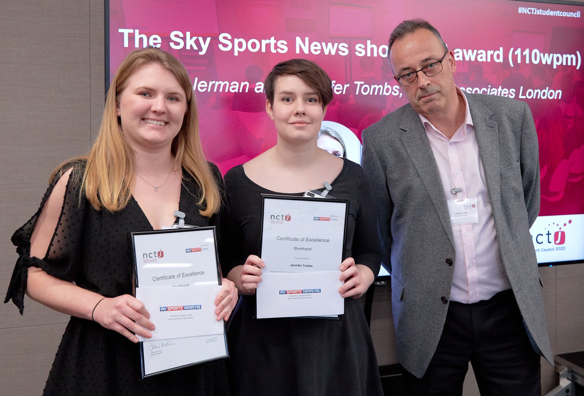 Two trainees and Laurie Tucker at the NCTJ Diploma in Journalism awards. Ella and Jen are posing with their certificates.