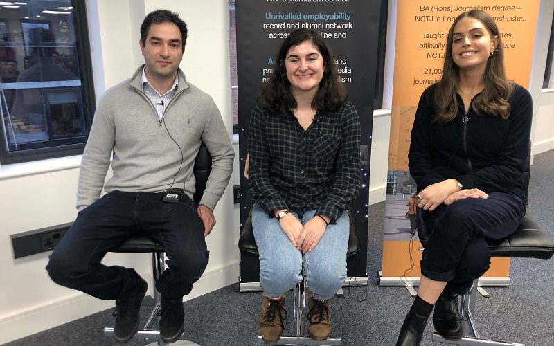 Basit Mahmood, Anahita Hossein-Pour and Laura Fitzpatrick all sitting in a row on bar stools.