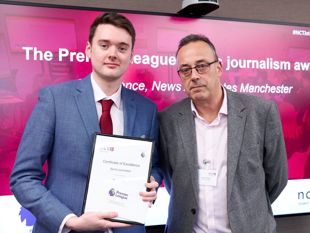 News Associates sports journalism graduate accepting the Premier League sports journalism award