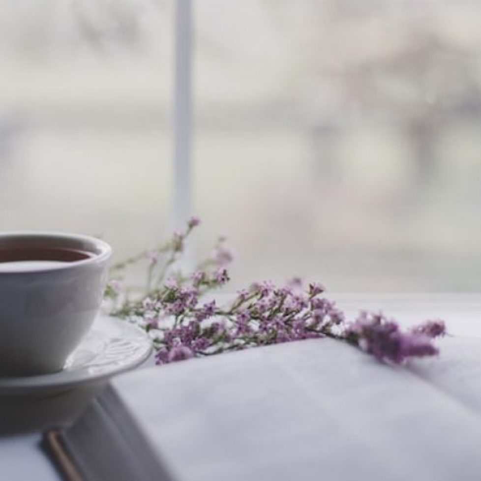 A white mug, a book and some lavender.