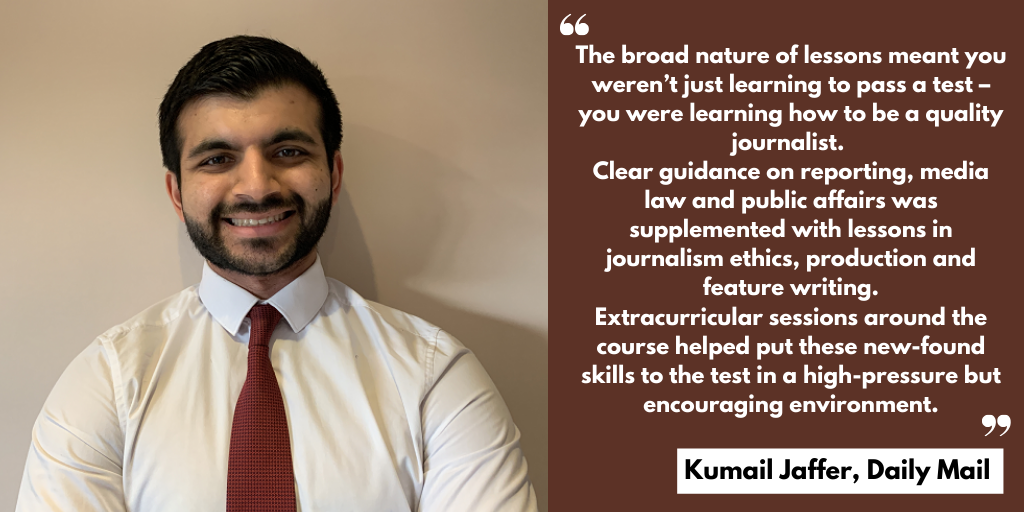 A testimonial from Kumail Jaffer praising the quality teaching and encouraging environment at News Associates.