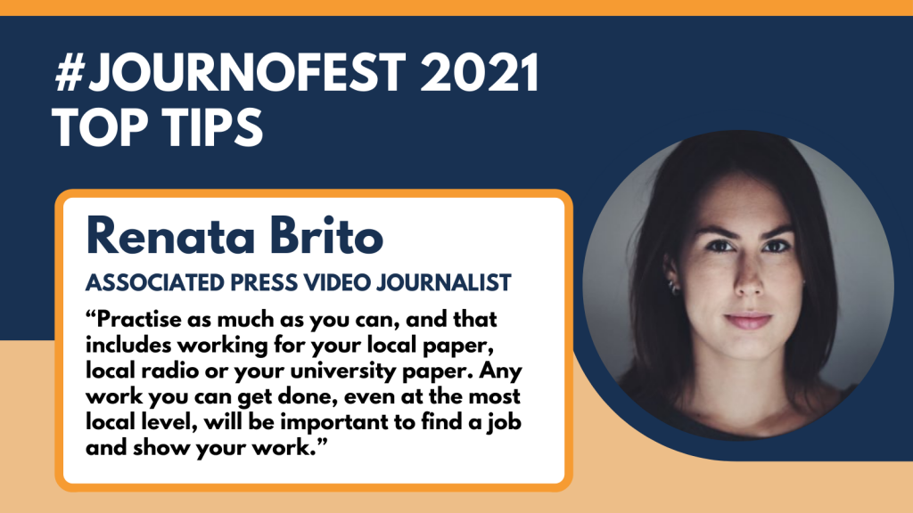 A graphic with a professional headshot of Renata Brito next to a quote from her saying: "Practise as much as you can, and that includes working for your local paper, local radio or university paper. Any work you can get done, even at the most local level, will be important to find a job as show your work." Brito spoke at JournoFest in 2021. The graphic is featured in an article about JournoFest 2023 where John Witherow is the keynote speaker. 