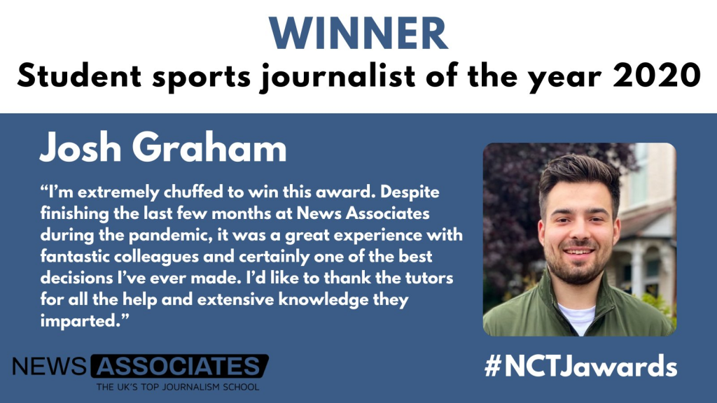 Graphic announcing Winner of NCTJ student sports journalist of the year 2020 at the #NCTJawards.
Josh Graham, pictured on the right. Quote: “I’m extremely chuffed to win this award. Despite finishing the last few months at News Associates during the pandemic, it was a great experience with fantastic colleagues and certainly one of the best decisions I’ve ever made. I’d like to thank the tutors for all the help and extensive knowledge they imparted.”
