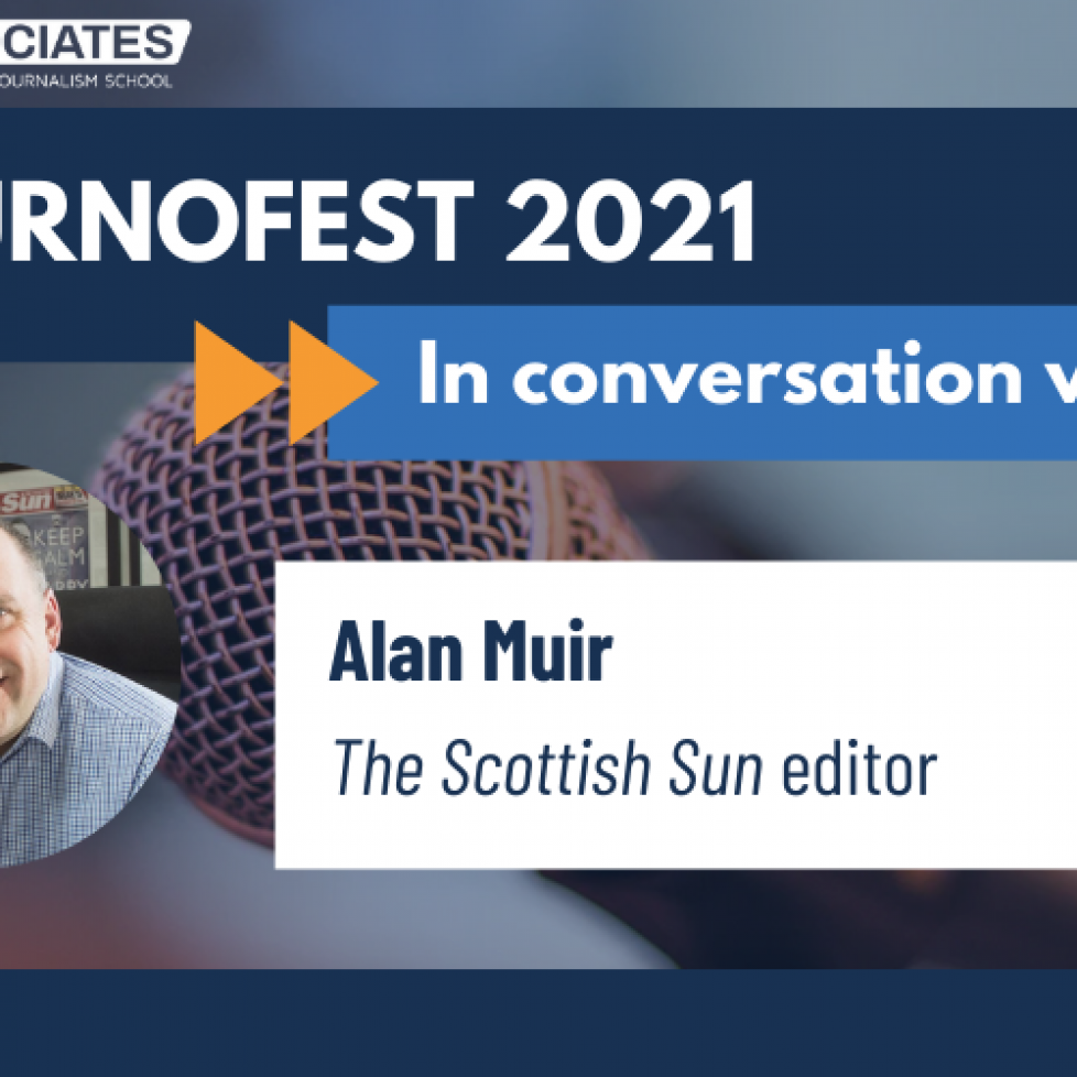 In conversation with Alan Muir graphic for JournoFest 2021 on blue background with photo of Alan on the left