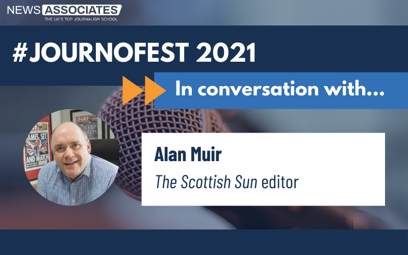 In conversation with Alan Muir graphic for JournoFest 2021 on blue background with photo of Alan on the left