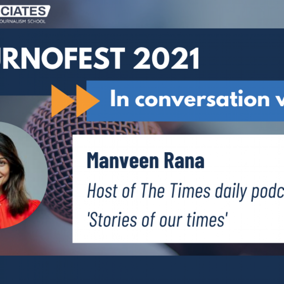 In conversation with Manveen Rana JournoFest 2021 graphic, with photo of Manveen on the left on a blue background