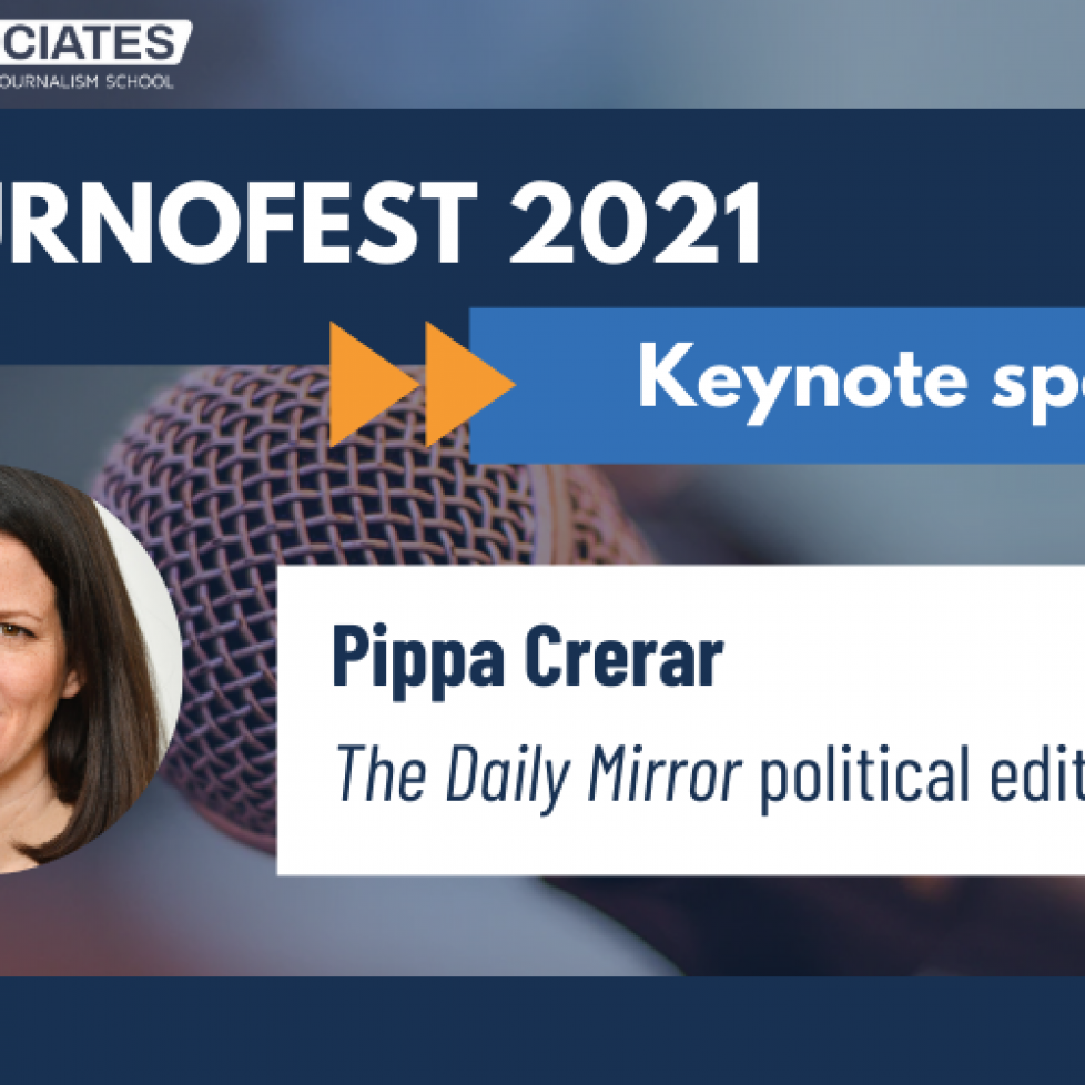 JournoFest 2021 keynote speaker Pippa Crerar graphic, on blue background with photo of Pippa on the left