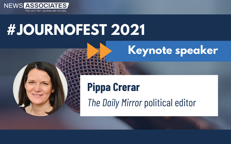 JournoFest 2021 keynote speaker Pippa Crerar graphic, on blue background with photo of Pippa on the left