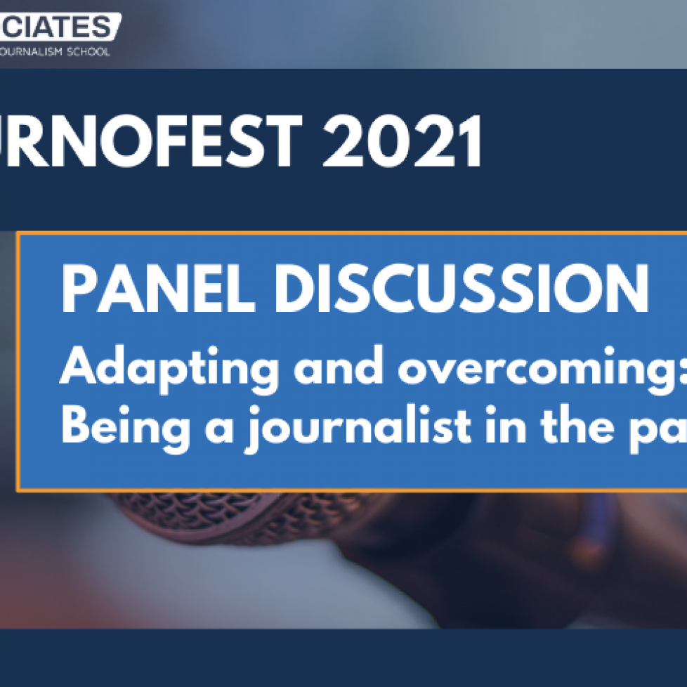 JournoFest 2021 panel discussion graphic: Adapting and overcoming: being a journalist in the pandemic. On a blue background.