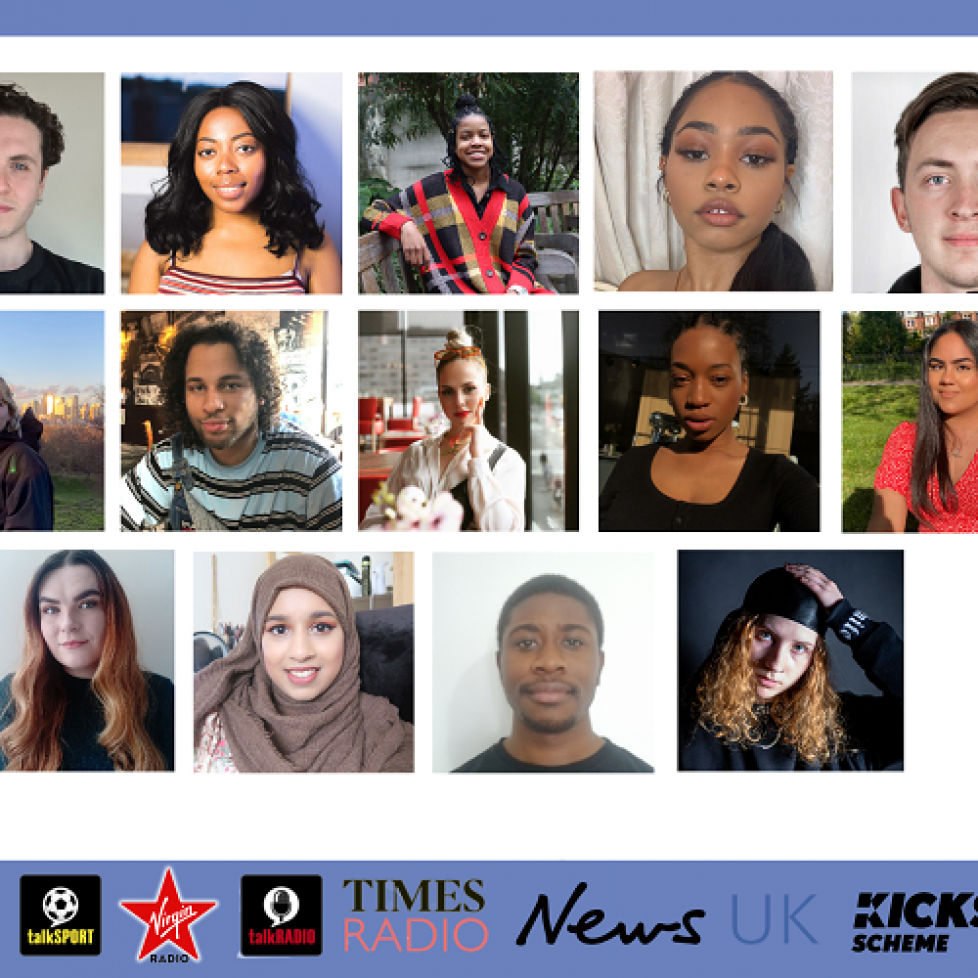 A graphic showing thumbnails of the 14 News UK interns. The headshots are on a white background and there is a row of News UK logos along the bottom.