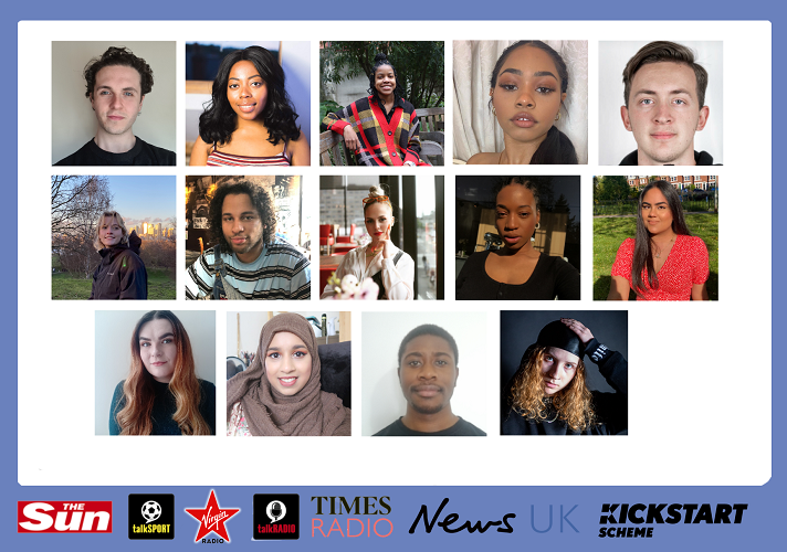 A graphic showing thumbnails of the 14 News UK interns. The headshots are on a white background and there is a row of News UK logos along the bottom.