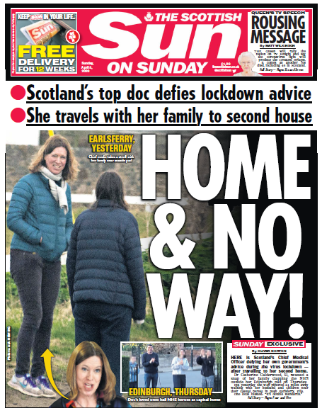 A Scottish Sun front page with the splash 'HOME & NO WAY' alongside a picture of Scotland's chief medical officer. 