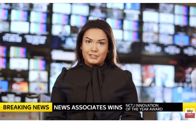 A YouTube screen grab of a Sky News live stream of the NCTJ Awards of Excellence. Correspondent Ashna Hurynag is talking and the ticker along the bottom says: BREAKING NEWS NEWS ASSOCIATES WINS NCTJ INNOVATION OF THE YEAR AWARD