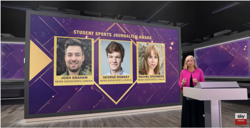 A YouTube screen grab of a Sky News live stream showing Alex Botting in a long dark blue dress with a bright pink cropped cardigan in the studio in front of a large purple graphic showing the three News Associates graduates shortlisted for the NCTJ student sports journalist of the year award - Josh Graham, George Ramsay and Rachel Steinberg.