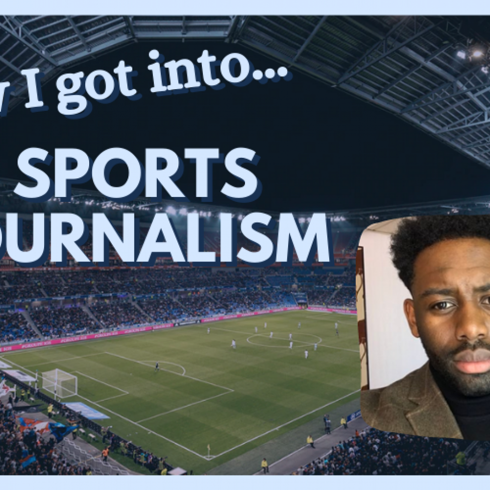 How I got into sports journalism graphic, with photo of Richard Amofa on the right and football stadium in the background