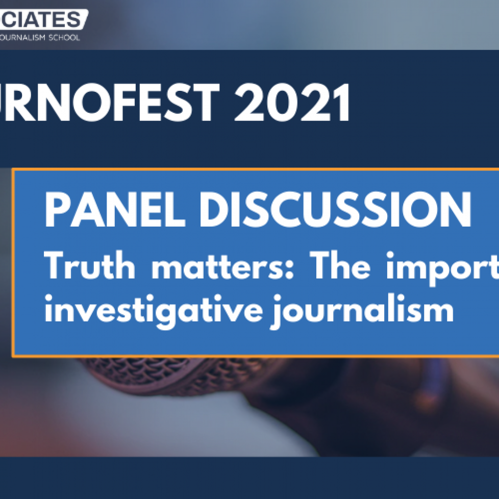 JournoFest 2021 panel graphic on blue background - Truth matters: The importance of investigative journalism