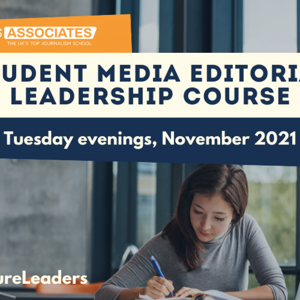 Graphic for student media editorial leadership course. Tuesday evenings, November 2021. #NAFutureLeaders in bottom left corner. Graphic has a stock image of a young woman working at a laptop in the background.
