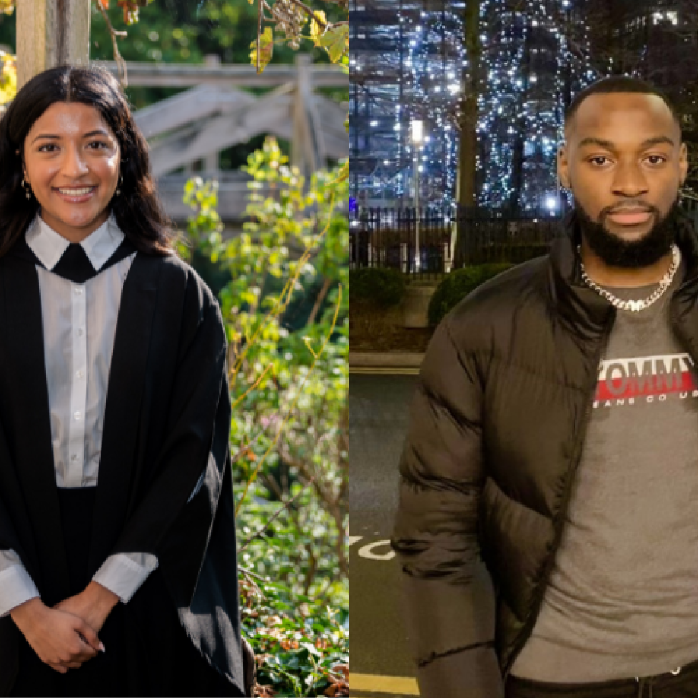 Two images positioned next to each other. On the left is an image of Aymen in her graduation gown, she is standing outside in front of lovely greenery and looks very happy. On the right is an image of Brain posing in casual clothes standing outside in the evening in front of trees decorated with lights. Aymen and Brian are the recipients of the inaugural or the inaugural Chelsea X BCOMS bursary, in collaboration with News Associates.