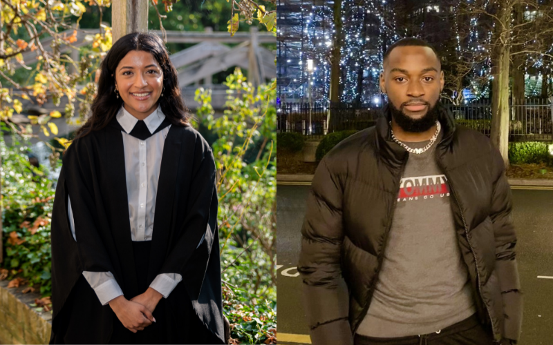 Two images positioned next to each other. On the left is an image of Aymen in her graduation gown, she is standing outside in front of lovely greenery and looks very happy. On the right is an image of Brain posing in casual clothes standing outside in the evening in front of trees decorated with lights. Aymen and Brian are the recipients of the inaugural or the inaugural Chelsea X BCOMS bursary, in collaboration with News Associates.