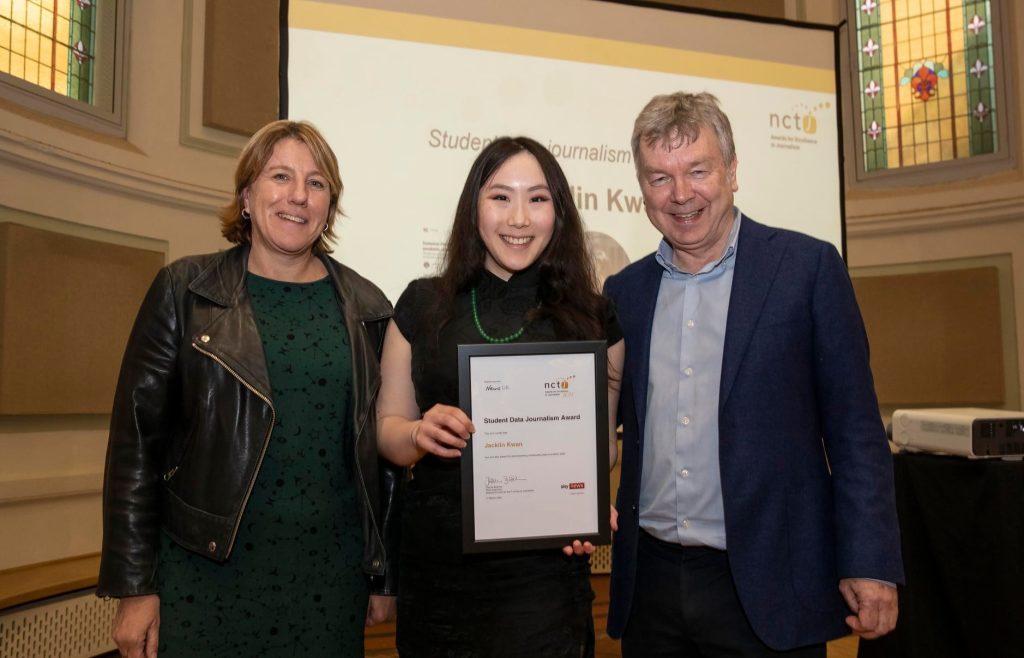 Jacklin Kwan (centre) with Sky News director of content Cristina Nicolotti Squires (left) and Sky Sports News presenter Nick Powell (right) at the NCTJ Awards for Excellence 2021