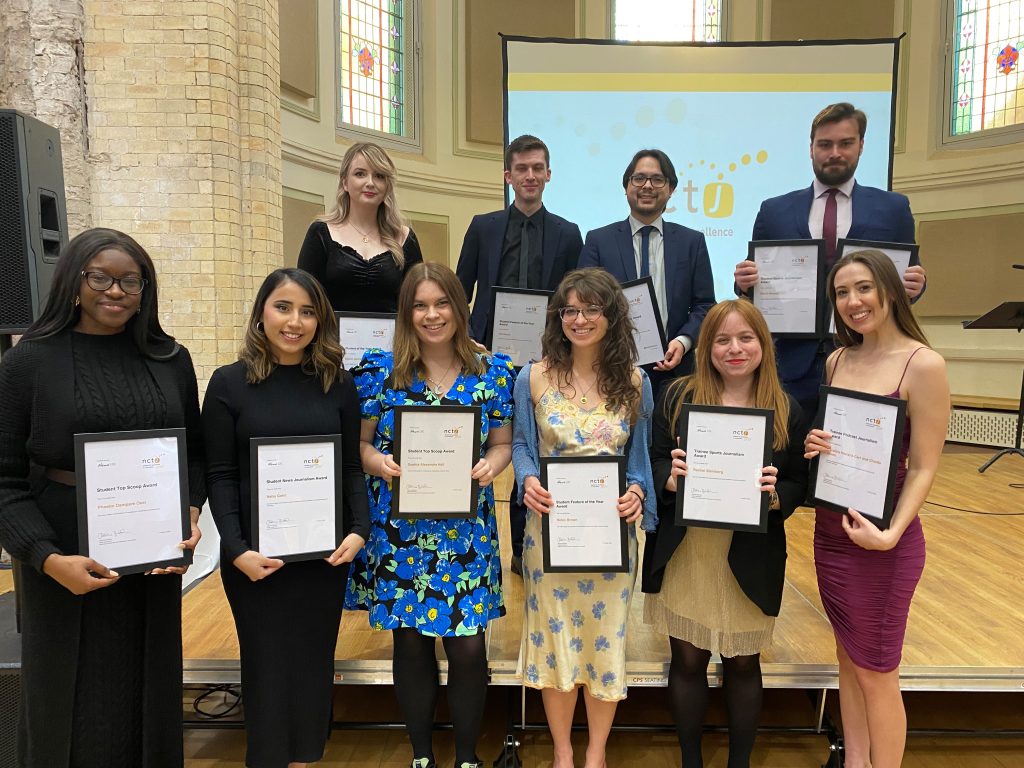 News Associates' shortlisted and winning grads at the NCTJ Awards for Excellence 2021. Photo of grads lined up holding their awards.