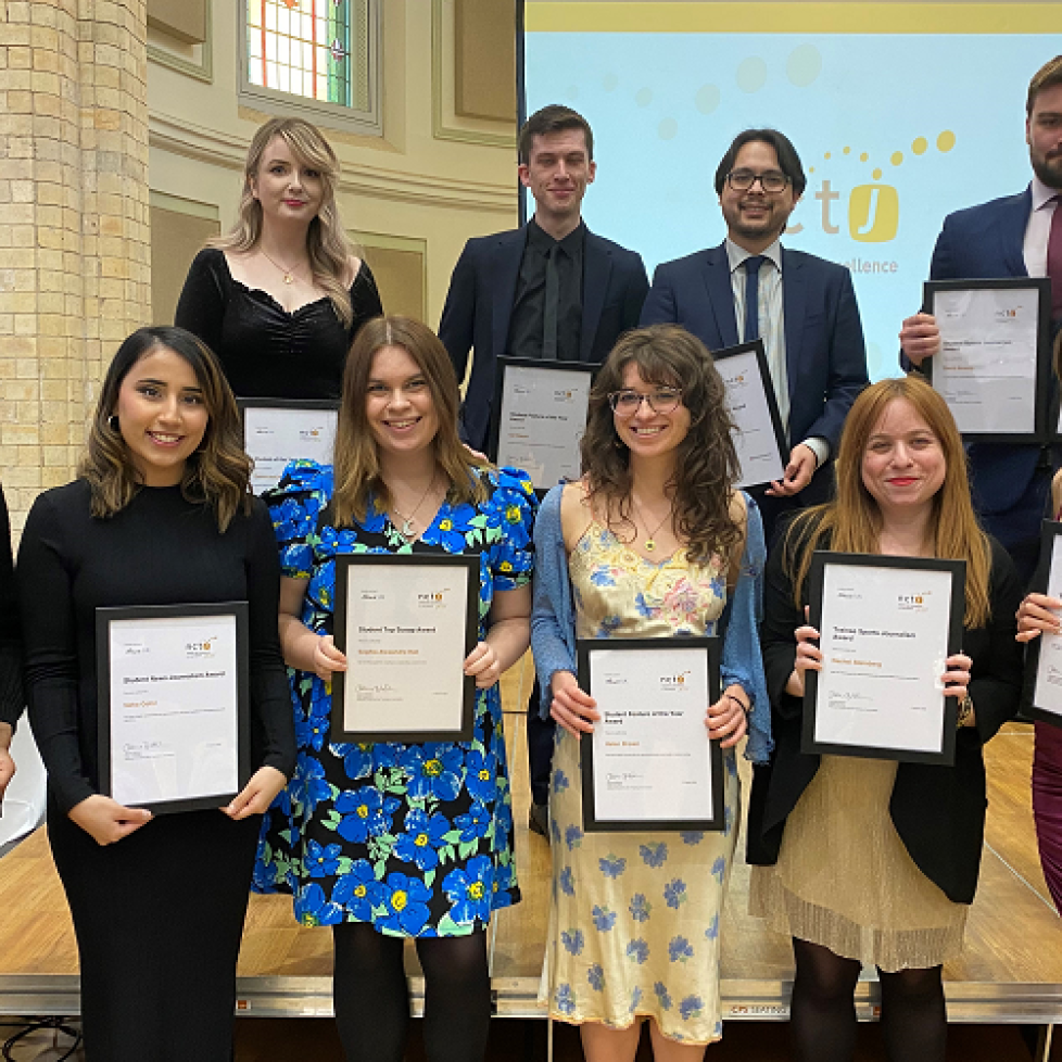 News Associates' shortlisted and winning grads at the NCTJ Awards for Excellence 2021. Photo of grads lined up holding their awards.