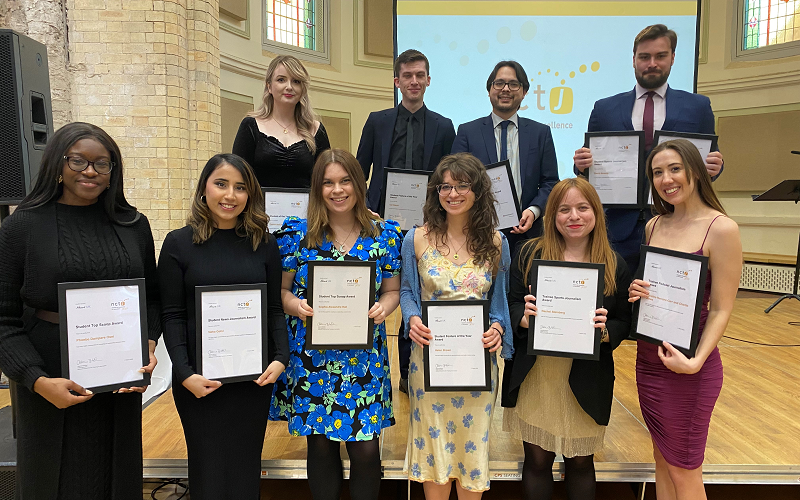 News Associates' shortlisted and winning grads at the NCTJ Awards for Excellence 2021. Photo of grads lined up holding their awards.