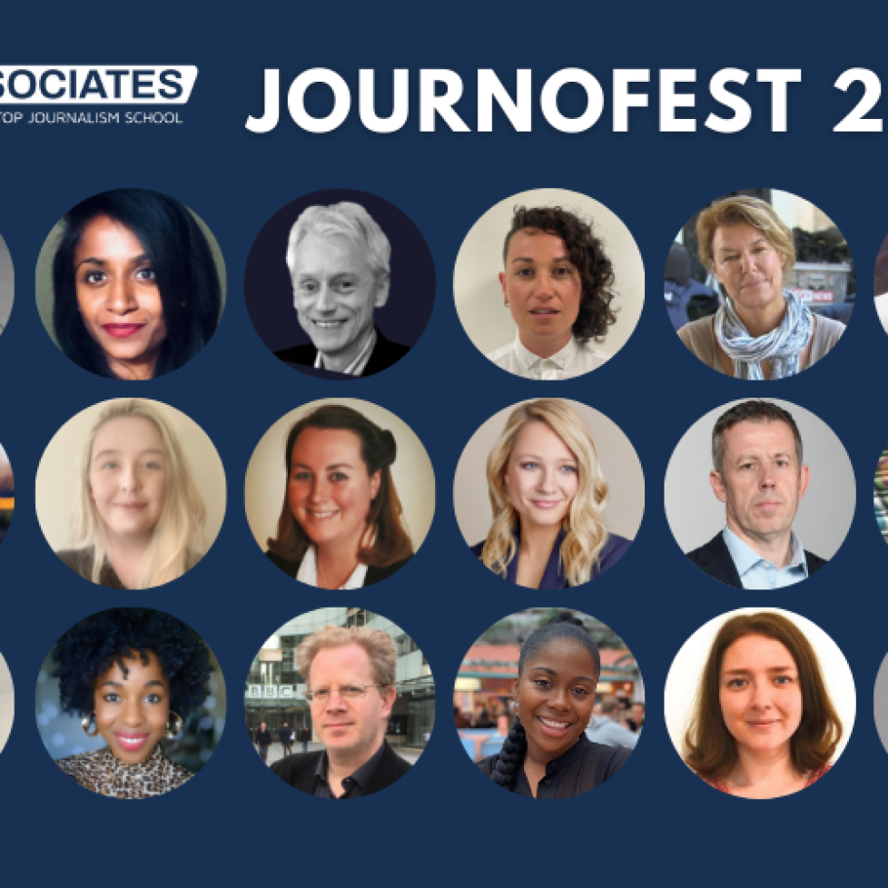 JournoFest all panellists photos on a graphic with a blue backround and the News Associates logo at the top