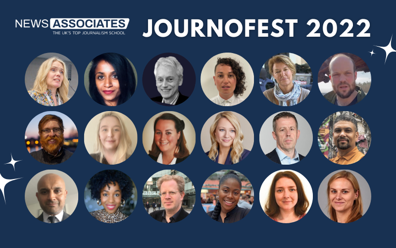 JournoFest all panellists photos on a graphic with a blue backround and the News Associates logo at the top