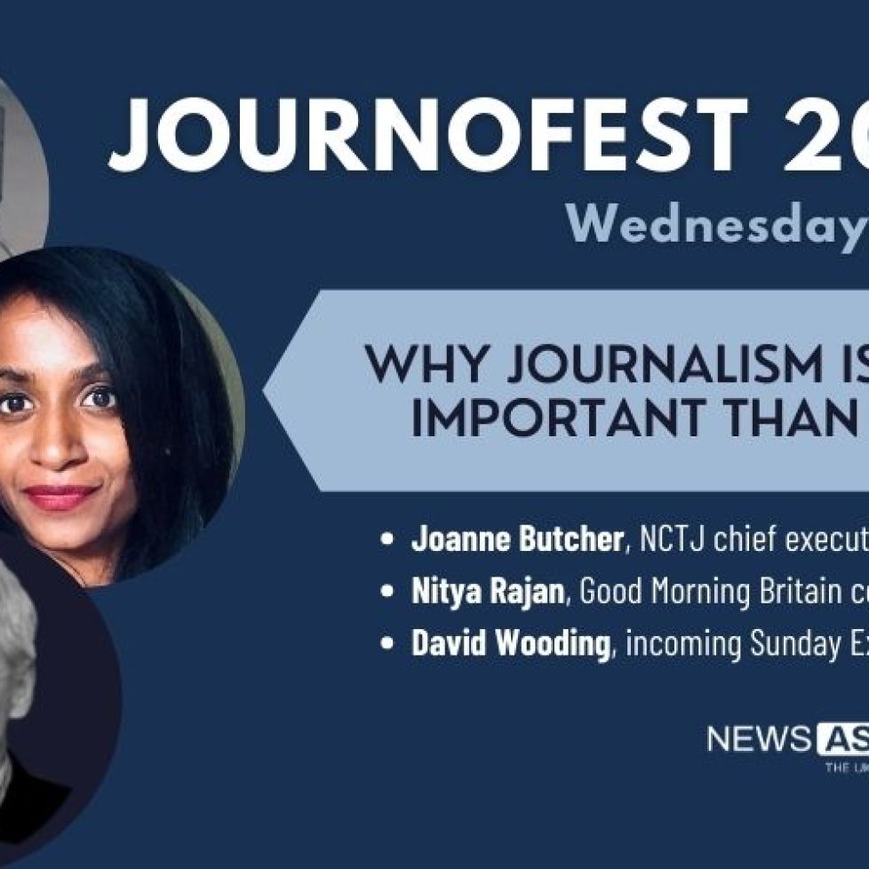 JournoFest 2022 graphic Joanne Butcher, NCTJ chief executive Nitya Rajan, Good Morning Britain correspondent David Wooding, incoming Sunday Express editor