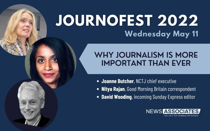 JournoFest 2022 graphic Joanne Butcher, NCTJ chief executive Nitya Rajan, Good Morning Britain correspondent David Wooding, incoming Sunday Express editor