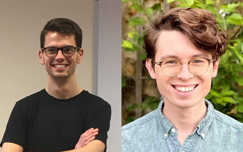A collage of two photos side by side. On the left is News Associates Manchester graduate Jack Tooth and on the right is London grad Connor. Jack has fair skin and short dark hair is standing up with his arms crossed, wearing a black t shirt and dark glasses and is smiling at the camera. Connor's picture is a headshot, he has short curly brown hair and fair skin, he is wearing glasses and a light blue shirt, in the background is some lovely greenery. They are both NCTJ Diploma in Journalism award winners.