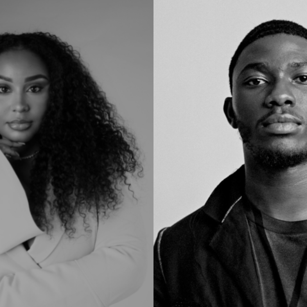 A picture of the two winners of the BCOMS bursary scheme winners. On the left, Sirayah and on the right, Joseph. The photo is in black and white.