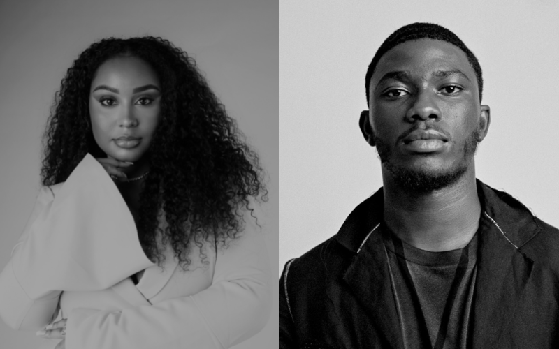 A picture of the two winners of the BCOMS bursary scheme winners. On the left, Sirayah and on the right, Joseph. The photo is in black and white.