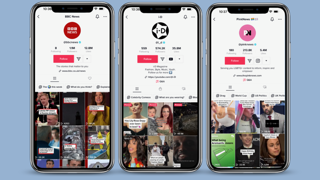 A graphic of three TikTok accounts, BBC News, i-D Magazine and PinkNews. 