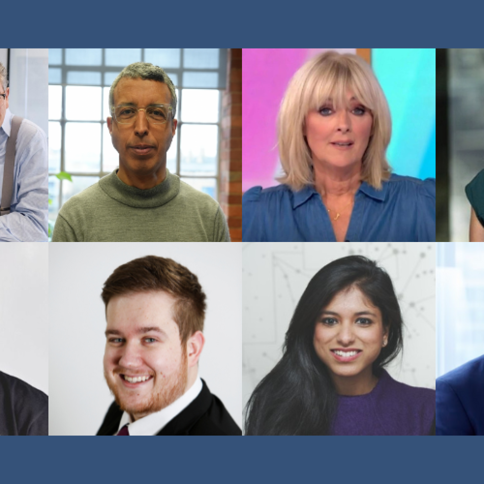 Our JournoFest 2023 speakers (Top row, left to right: John Witherow, Kamal Ahmed, Jane Moore and Samantha Washington. Bottom row, left to right: David Woode, Andrew Colley, Madhumita Murgia and Will Payne)