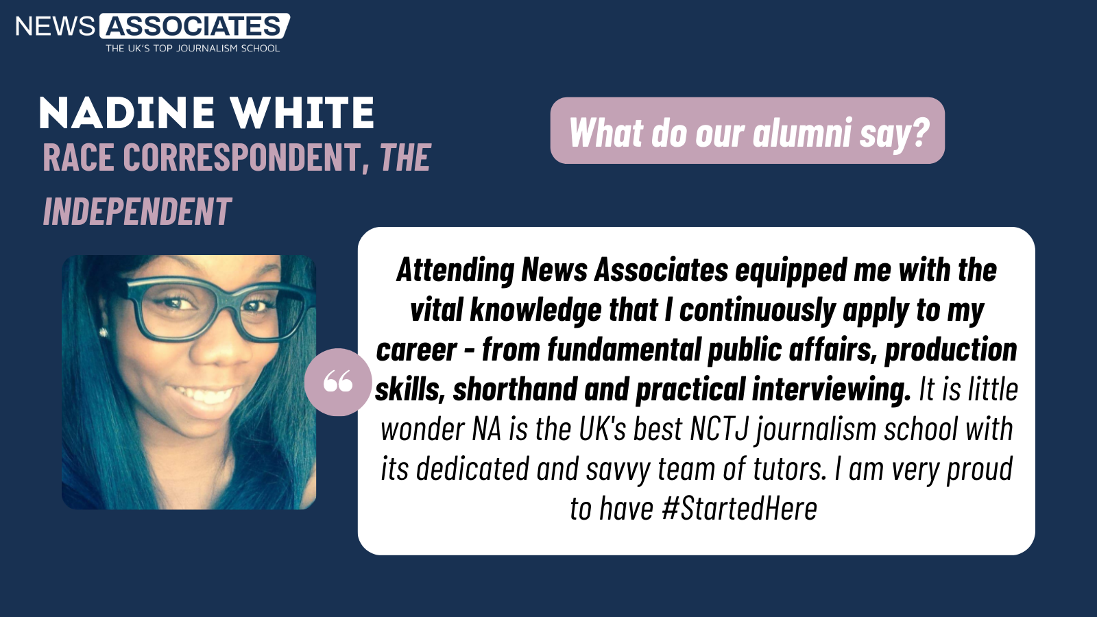 A testimonial from Nadine White saying the course equipped her with vital knowledge she continuously applies to her career.