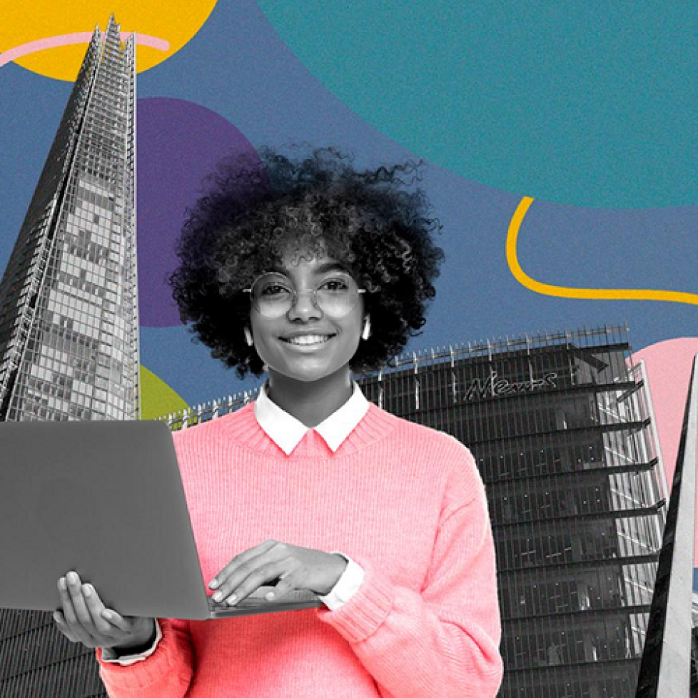 A photo/graphic of a woman holding a laptop in front of a London backdrop. It's to illustrate The Times Summer Academy.
