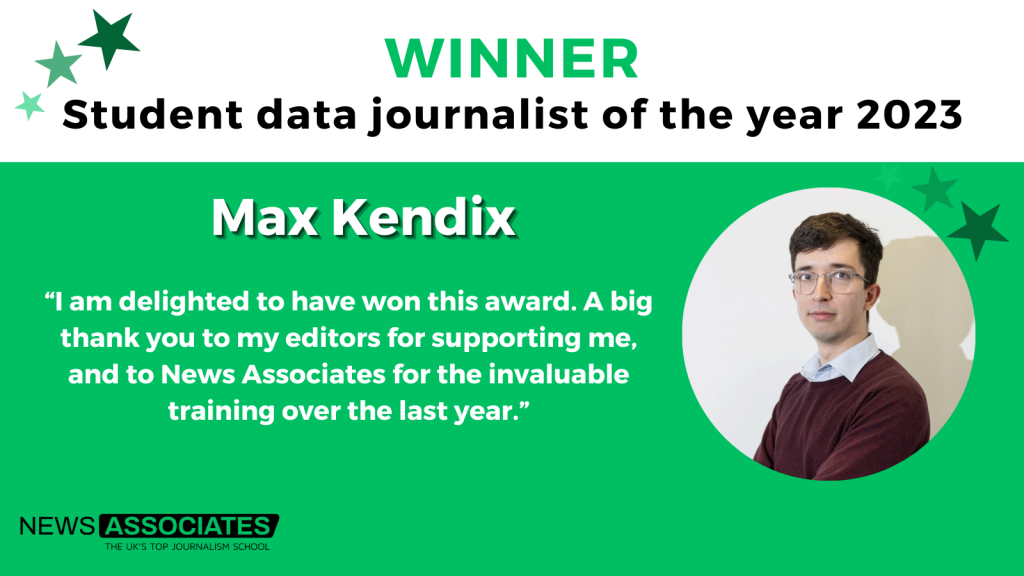 A graphic with a headshot and a quote from Max Kendix who won student data journalist of the year 2023. The quote reads: “I am delighted to have won this award. A big thank you to my editors for supporting me, and to News Associates for the invaluable training over the last year.”