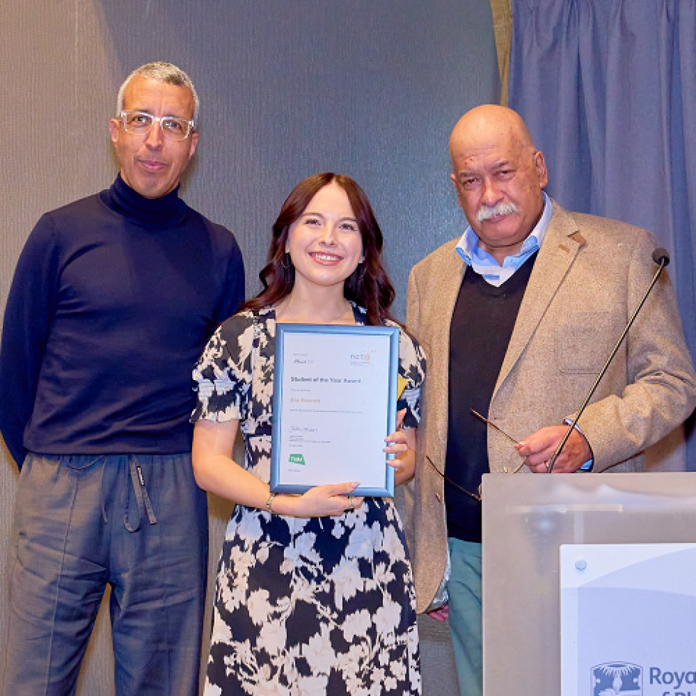 News Associates graduate and NCTJ student of the year 2023 Eve Bennett collecting her award at the NCTJ Awards for Excellence. She is standing between Kamal Ahmed and John Pienaar.