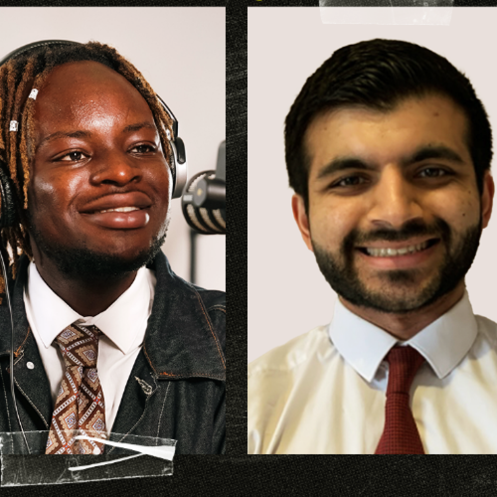 Graphic of How to be a Journalist podcast host Plamedi Mbungu and guest political correspondent Kumail Jaffer.