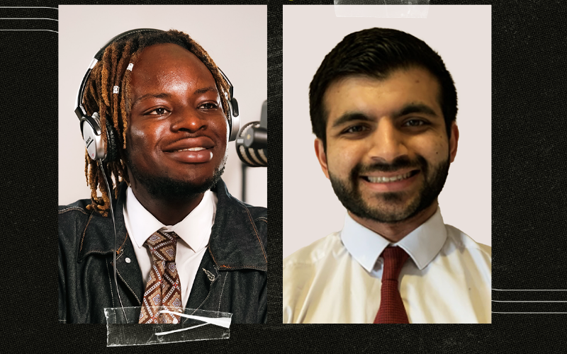 Graphic of How to be a Journalist podcast host Plamedi Mbungu and guest political correspondent Kumail Jaffer.