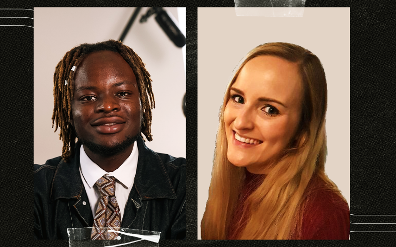 Graphic of How to be a Journalist host Plamedi Mbungu and guest news editor Sian Elvin.