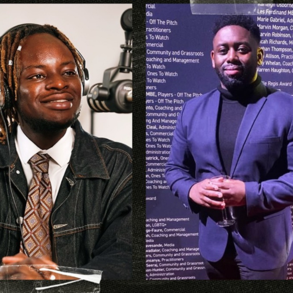 Graphic of How to be a Journalist podcast host Plamedi Mbungu and sports journalist Richard Amofa.