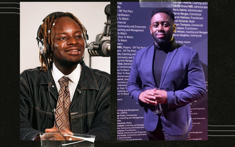 Graphic of How to be a Journalist podcast host Plamedi Mbungu and sports journalist Richard Amofa.