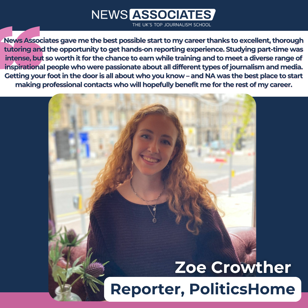 Graphic of News Associates graduate Zoe Crowther.