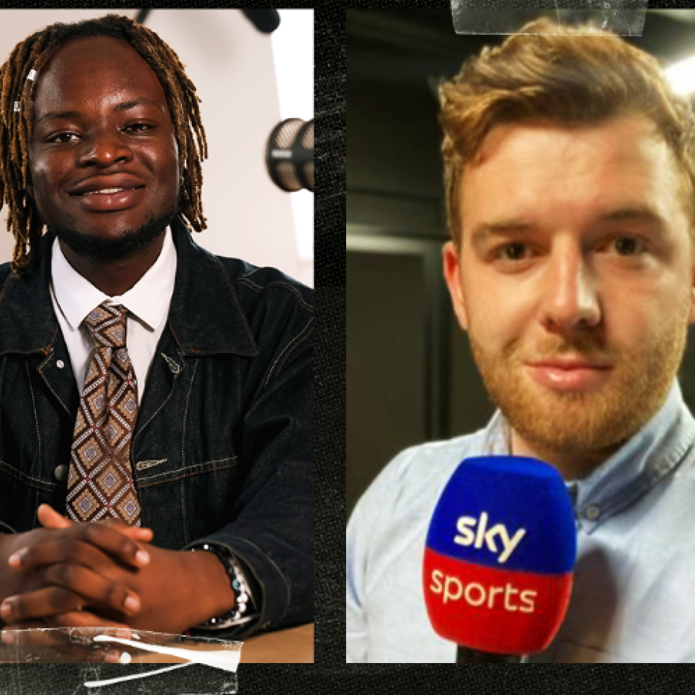 A graphic of podcast host Plamedi Mbungu and guest Sam Blitz.