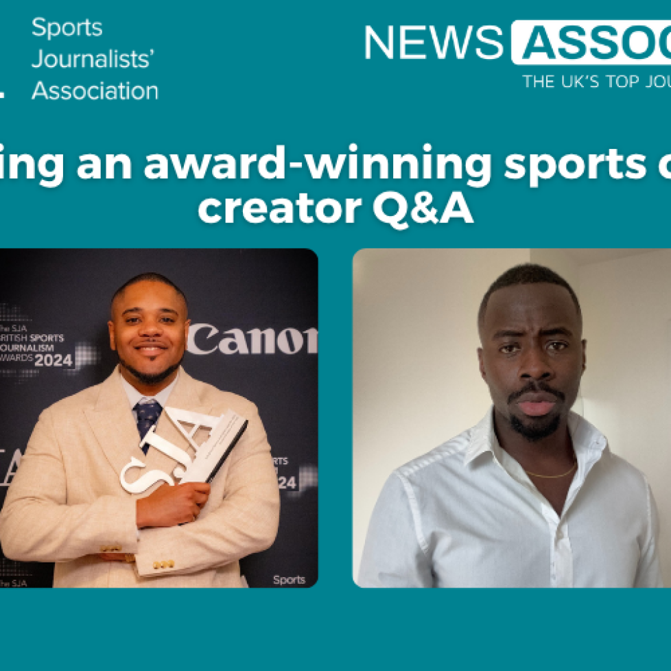 A greeny blue graphic with the text: Becoming an award-winning sports content creator Q&A. There are two images of Miles Addy and Jordan Macauley.