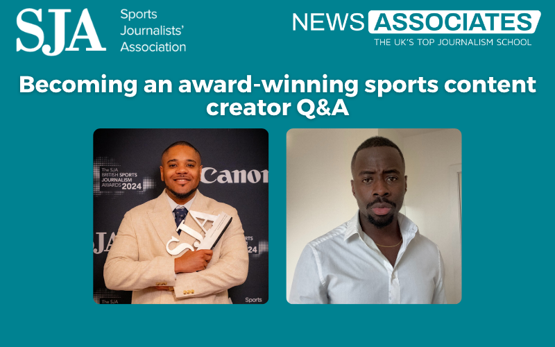 A greeny blue graphic with the text: Becoming an award-winning sports content creator Q&A. There are two images of Miles Addy and Jordan Macauley.